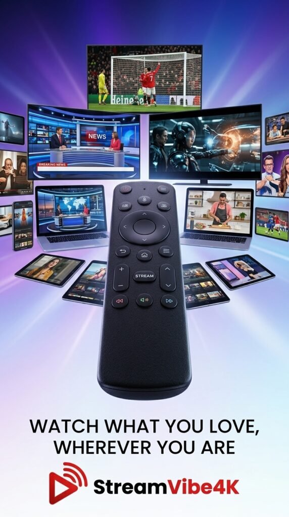 StreamVibe4K remote control with live TV, sports, news and entertainment screens