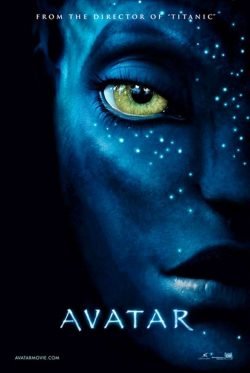 Avatar movie poster featuring blue Na'vi character close-up