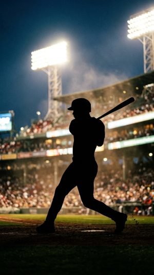 Baseball player mid-swing silhouetted against stadium floodlights