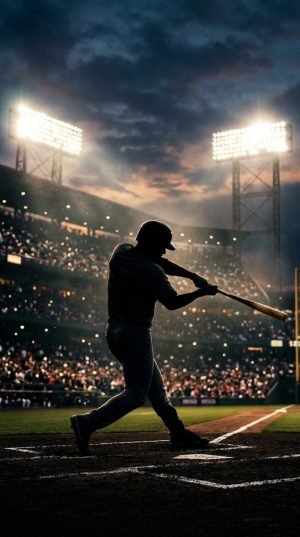 Silhouette of baseball player swinging bat under stadium lights