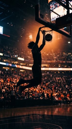Basketball player mid-air layup silhouette under stadium spotlights
