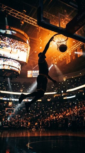 Basketball player slam dunk silhouette in packed arena at night