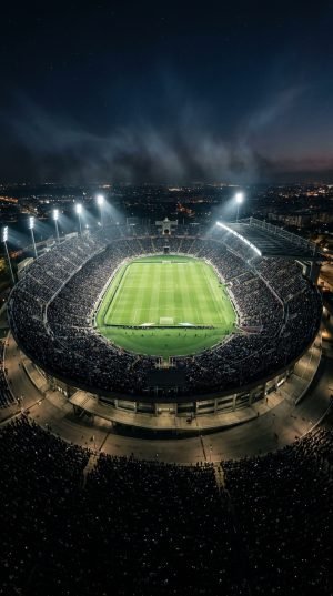 Aerial view of illuminated football stadium packed with fans at night