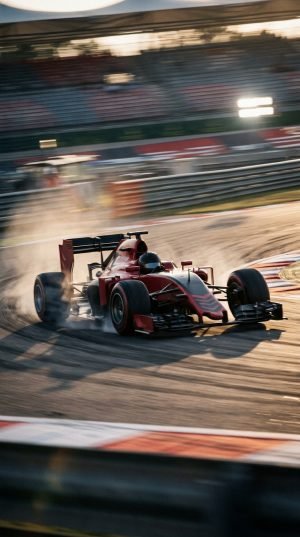 Formula 1 race car speeding through dusty track corner in motion blur