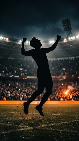 Soccer player leaping in celebration under stadium floodlights