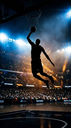 Silhouette of basketball player dunking under arena lights