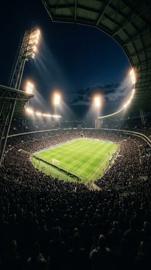 Football stadium floodlights illuminating pitch during night match